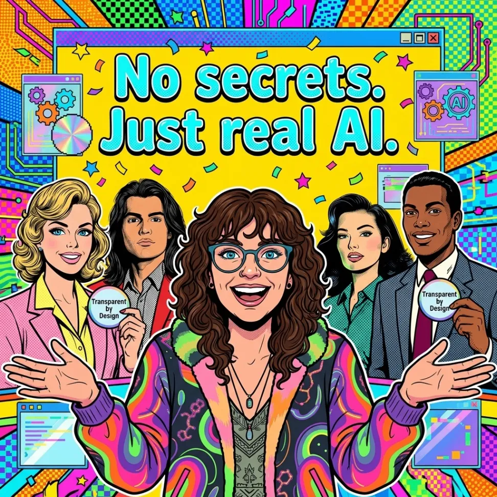 Vivid pop-art illustration of a team with the message No secrets. Just real AI.